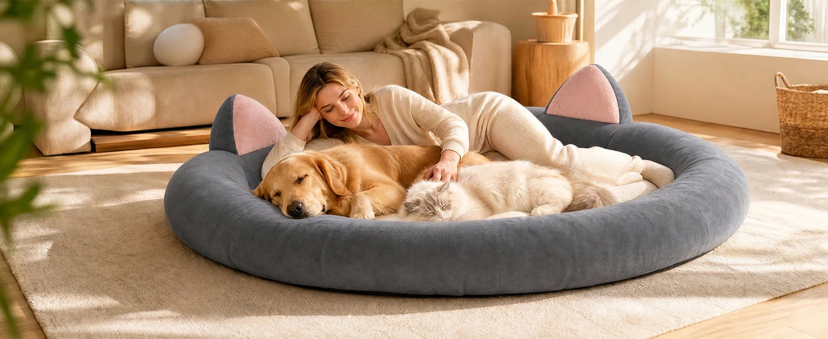 Round Dog Bed XXL Extra Large 9.8" Thick Pet Couch Memory Foam Pet Couch for Large & Senior Dogs Supportive Bolster Design Brown Grey