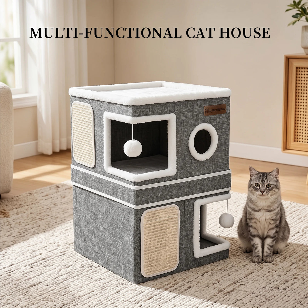 Christmas Pet Gift - Double-Layer Multi-Hole Cat House, Multi-Functional Foldable Cat Cave Hiding Place, Equipped With Sisal Scratching Post And Double Hanging Ball Toys, Double Compartments Pet Shelter, Suitable For Kittens