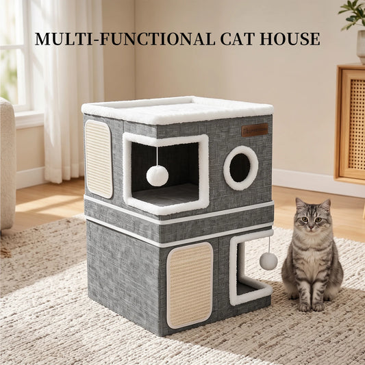 Christmas Pet Gift - Double-Layer Multi-Hole Cat House, Multi-Functional Foldable Cat Cave Hiding Place, Equipped With Sisal Scratching Post And Double Hanging Ball Toys, Double Compartments Pet Shelter, Suitable For Kittens