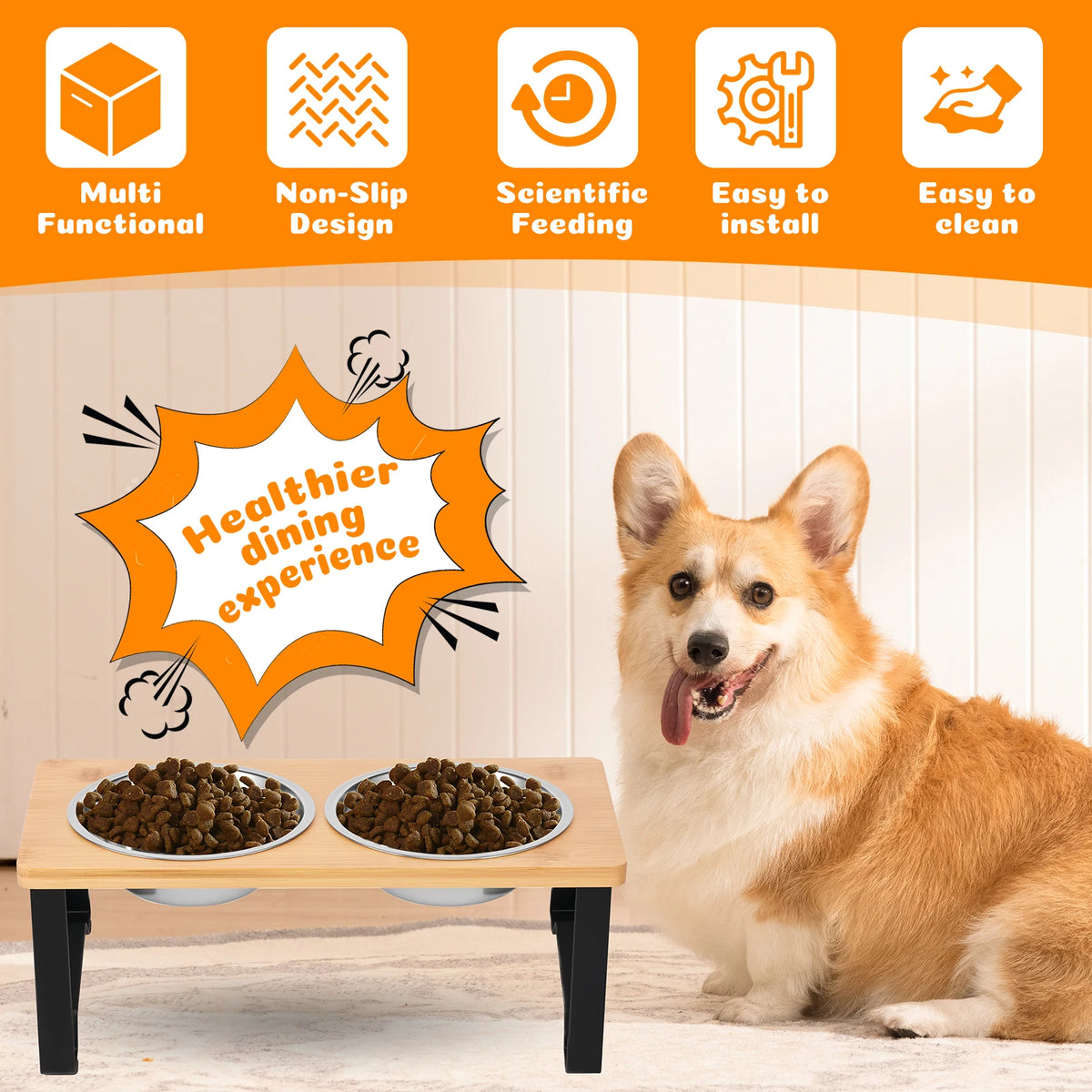 Wooden Elevated Cat Dog feeder Bowl Stand with 2 Stainless Steel Feeder bowl for Dry Wet Food Water Anti Slip Pet Supplies
