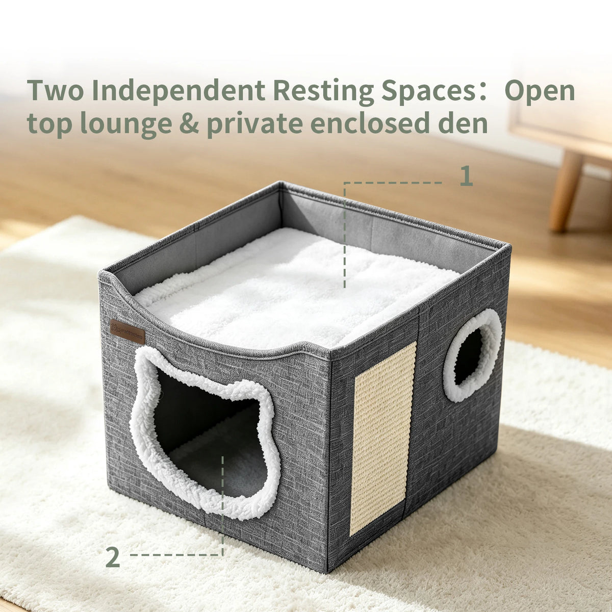 A Three-In-One Foldable Cat Bed And Scratching Post, With A Cat Face-Shaped Design Featuring Soft Fringes And A Door Opening. The Cat Den Bed With Wear-Resistant Rattan Scratching Board. A Spacious Top Lounge Platform For The