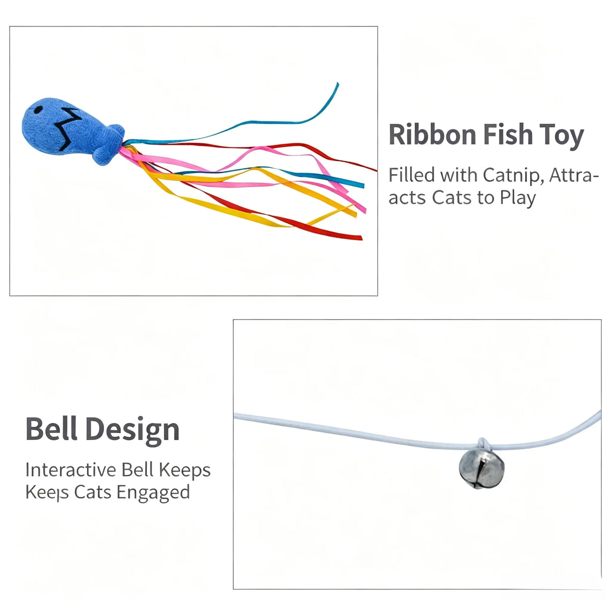 3pcs Cute Fish Cat Wand Toy Solid Wood Catnip Teaser Wand for Cat, Interactive Bell Ribbon Cat Play Stick Toy for Household Cats
