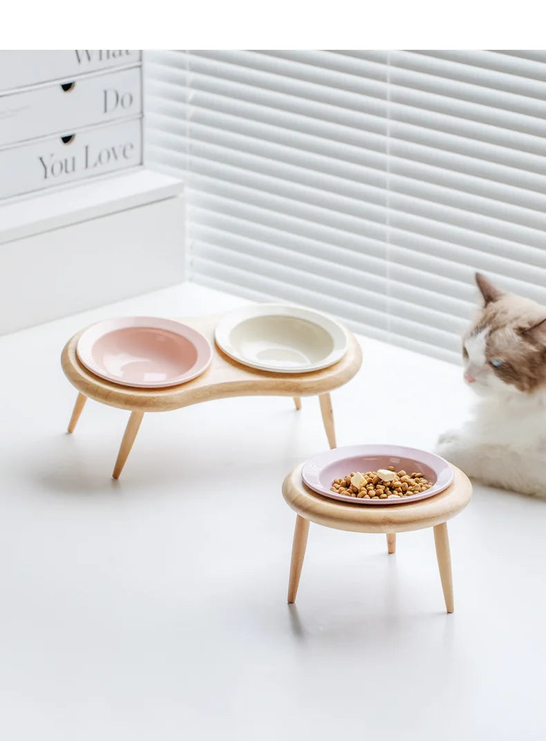Cat Ceramic Bowl Small Dogs Double Food Water Bowls Pet Elevated Height Adjustable Drinking Eating Bowls with Wooden Stand