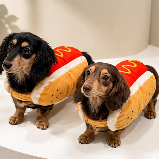 Funny Pet Hot Dog Costume Cute Puppy Clothes Cosplay Outfit for Birthday Party Halloween Christmas Photo Shoot Holiday Dress Up