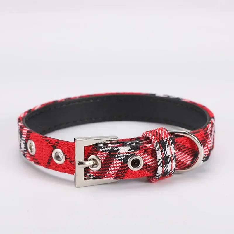 Pet Collar Scottish Plaid Dog Collar Classic Red PU Leather Earthy Yellow Twill Dog Pet Supplies Adjustable Pet Collar
