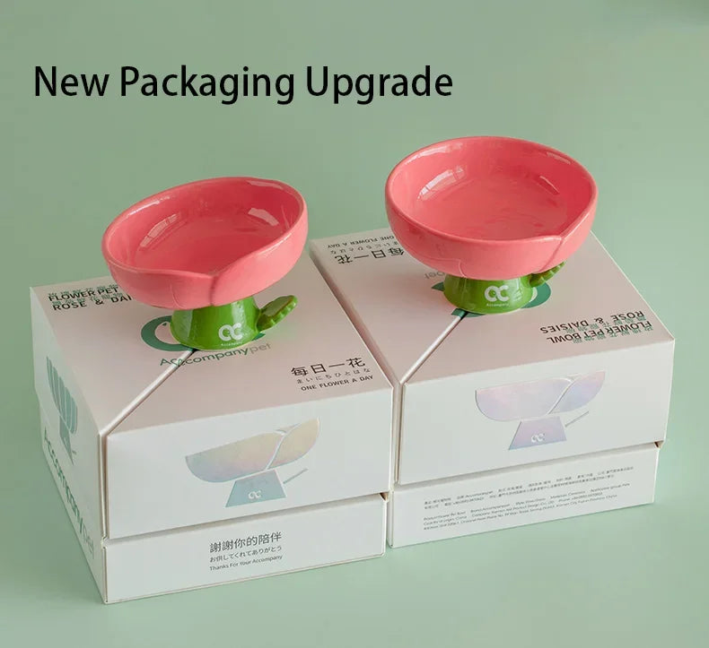 Tulip Shaped Elevated Ceramic Cat Bowl, Raised Pet Food Water Bowl for Cats, Anti-Vomiting Kitten Feeder