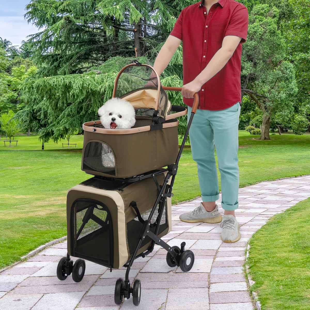 Foldable Pet Stroller for Small/Medium Pets—18.1x22.8x38.2in, 2-Tier Design+Safety Locks, Sunshade+Cushions, Ideal for Travel