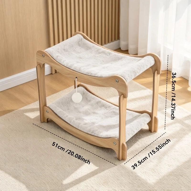 Christmas 2-Tier Wooden Cat Bed with Plush Pad, Ergonomic Curved Cat Lounge Chair, Holiday Pet Sofa Gift