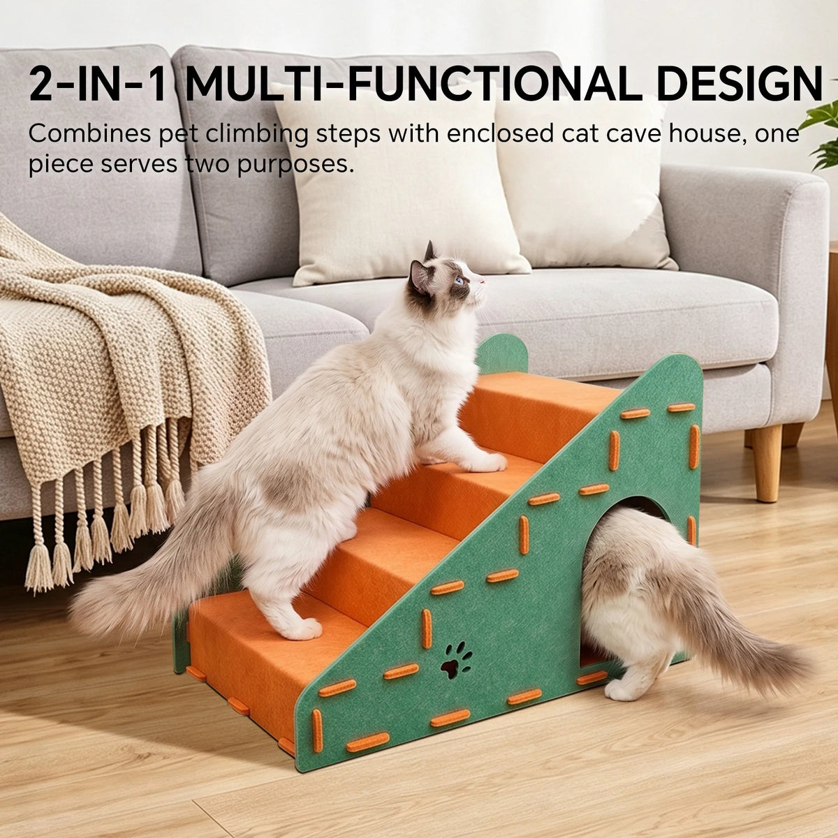 Three-In-One Multi-Functional Cat Staircase - 4-Step Portable Pet Staircase, Suitable For Beds, Sofas, Cat Climbing Frames, Ramps, Headboard Ramps, Durable Felt Cat Beds And Scratching Posts, Stable Ladder Suitable For Kitten