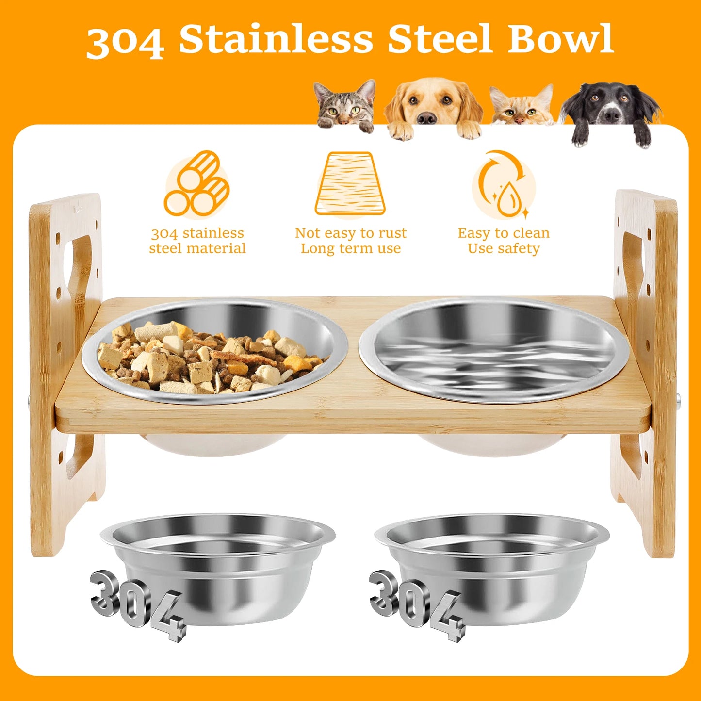 Wooden Elevated Cat Dog feeder Bowl Stand with 2 Stainless Steel Feeder bowl for Dry Wet Food Water Anti Slip Pet Supplies