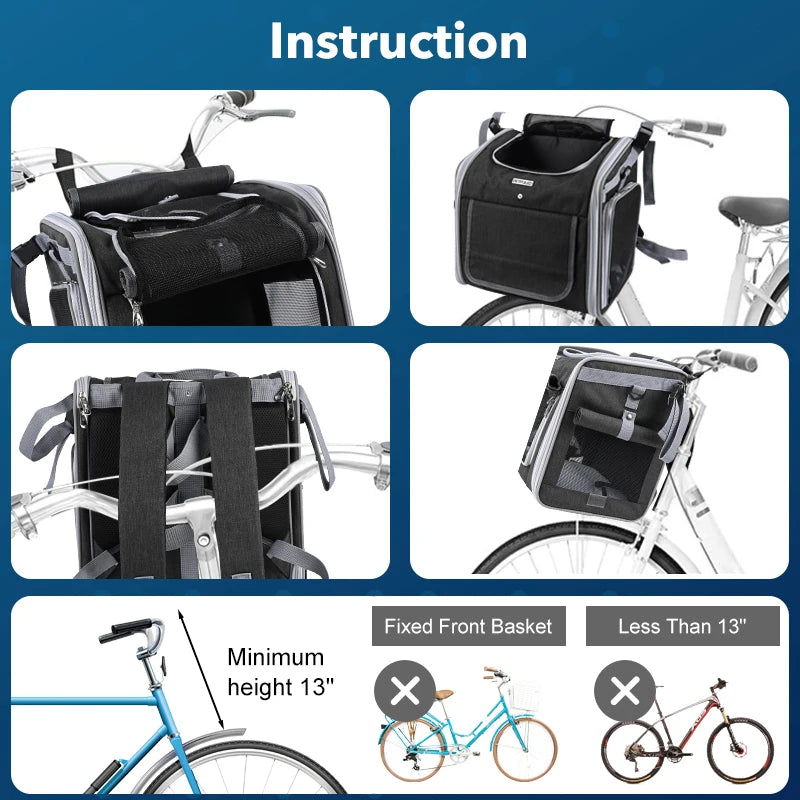 Dog or Cat Bike Basket, Expandable Soft Sided Pet Carrier Backpack with 4 Open Doors, Foldable Dog Bike Carrier