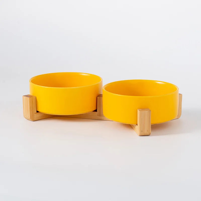 Ceramic Double Pet Bowl with Wood Stand - No Spill Food & Water Feeder for Dogs, Cats, Small & Large Pets