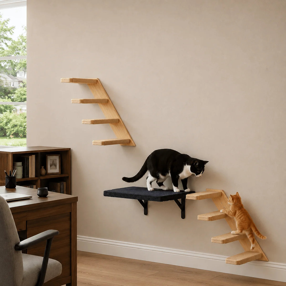 Wall-Mounted Cat Stairs Set with Shelf Includes 2x 4-Step Cat Climbing Ladders & 1x Wall Shelf Paulownia Wood Steps Wrapped in Jute Rope