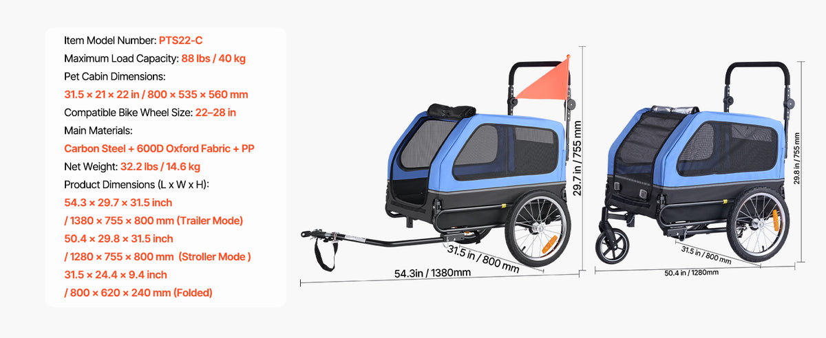 88 lbs Dog Bike Trailer 2-in-1 Pet Stroller Cart Bicycle Carrier with Wheel & Universal Coupler for Small & Large Dogs