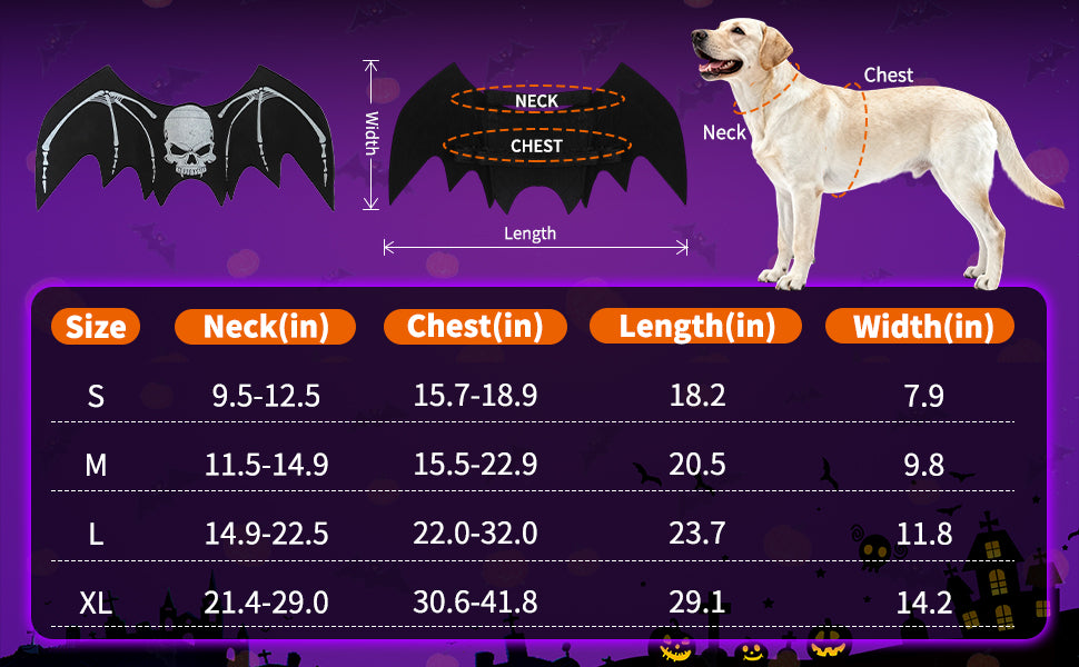 Halloween Dog bat Wing Costumes L，pet Costumes for Halloween Party Skeleton Print On The Back，Pumpkin Bell，Neck & Chest Adjustable nylon Straps，Lightweight Felt Comfort,for large dogs
